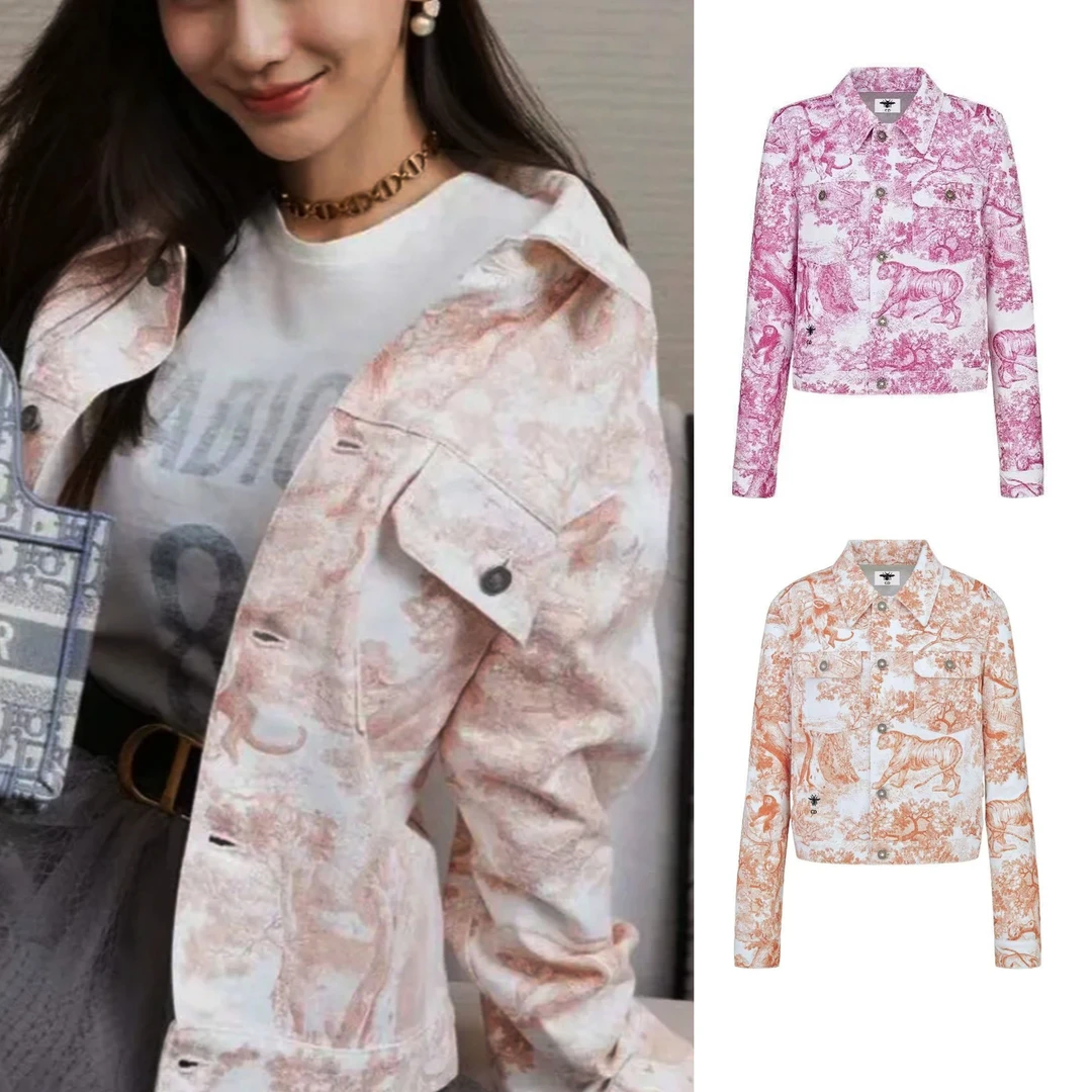 未使用 DIOR/迪奥 动物印花翻领单排扣长袖牛仔外套/双色