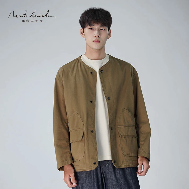 北纬三十度设计师男装早春中国风宽松贡缎棉无领纯棉休闲夹克复古