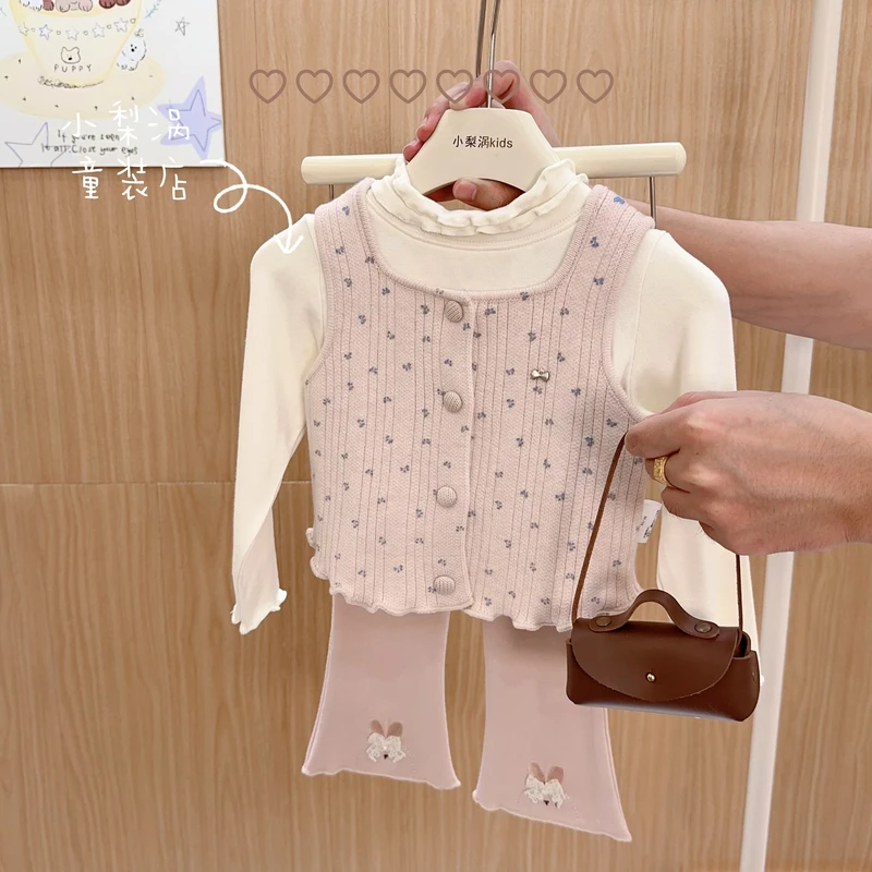（送包包）公主风法式女秋季纯色常规套装女宝小童春秋马甲三件套