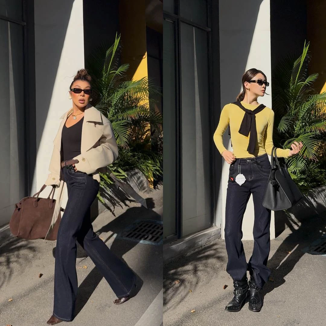 （小溪家）四面弹原牛深蓝色牛仔微喇裤高腰显瘦修身百搭水洗牛仔裤