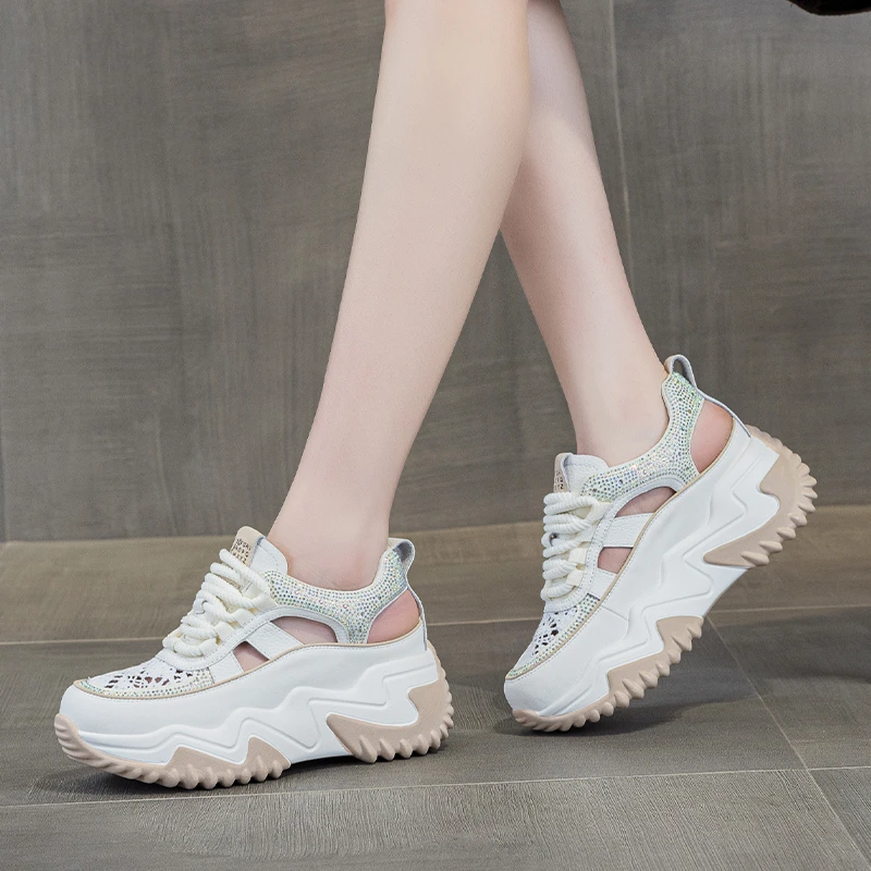 增高7cm运动凉鞋女2025夏季新款网面镂空透气休闲鞋厚底老爹鞋女