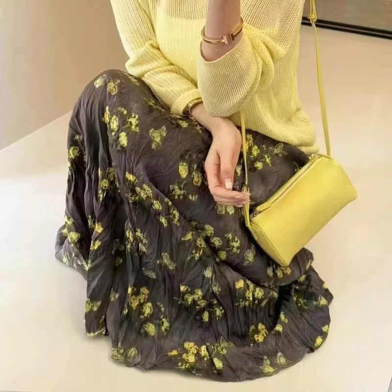 压褶黄色花朵碎花半身裙子女25春夏新款松紧高腰显瘦百搭