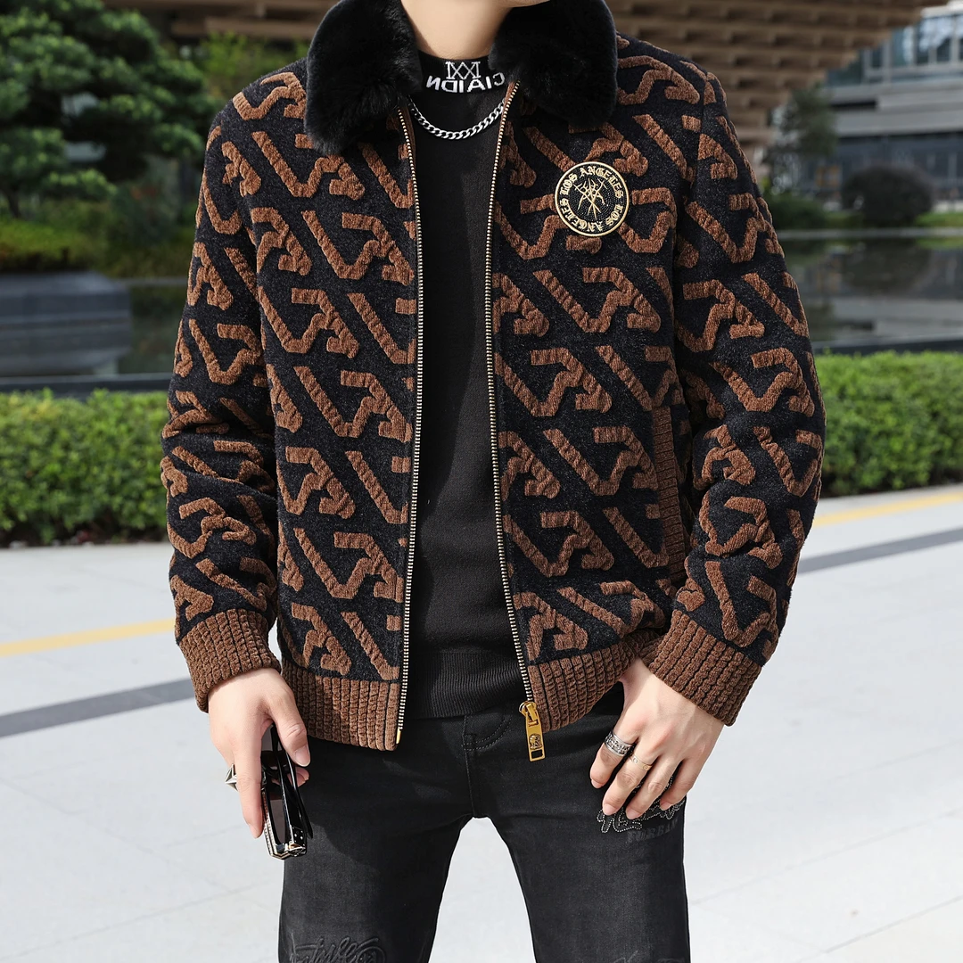 【男狼甄选】2024冬季新款男士獭兔毛领鸭绒雕花洋气夹克 羽绒服