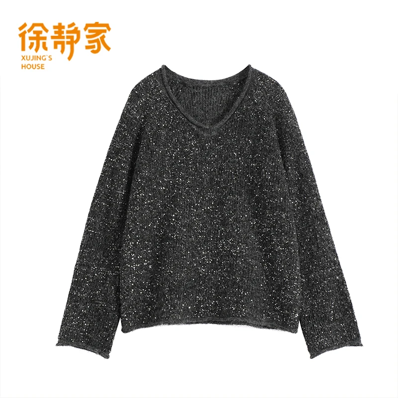 高级感细闪V领毛衣女2025新款宽松显瘦内搭打底针织上衣1280579