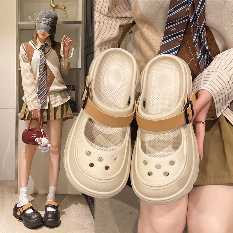 2025新款玛丽珍厚底洞洞鞋女休闲外穿防滑凉鞋百搭包头沙滩半拖鞋
