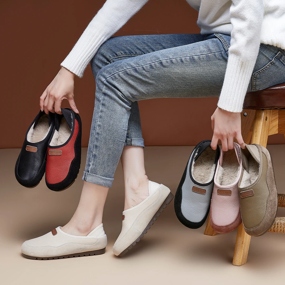 |惊喜-183|头层牛皮女单鞋秋冬加毛两穿一脚蹬敲软敲舒适防滑棉鞋