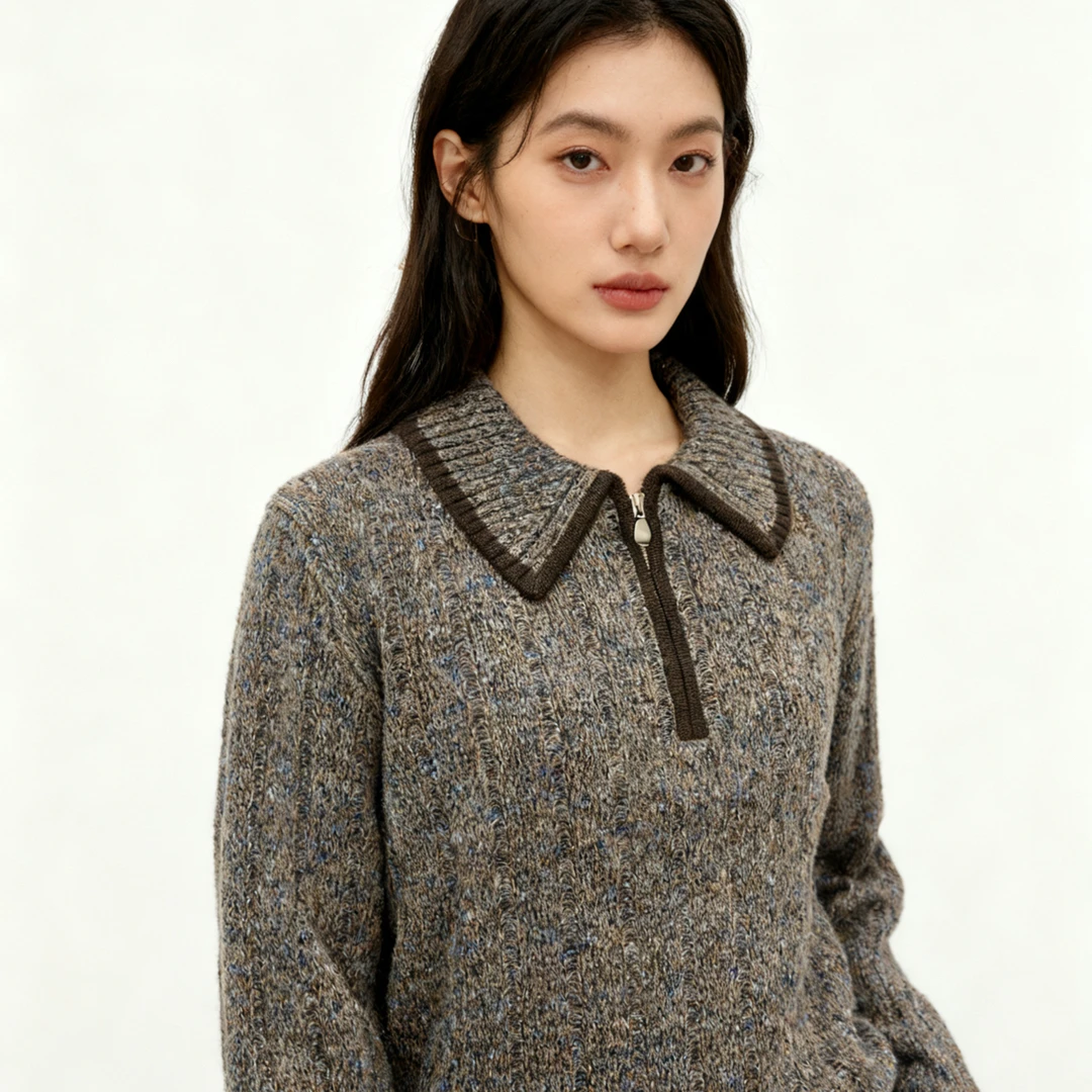 秋冬新款拉链翻领修身长袖显瘦时尚打底针织衫上衣女6360