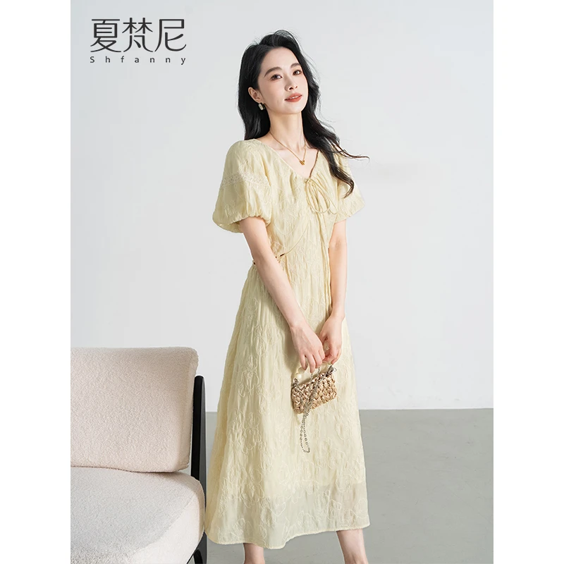 夏梵尼鸢尾的诗夏季收腰连衣裙女泡泡袖长款A字洋气爆款漂亮裙子