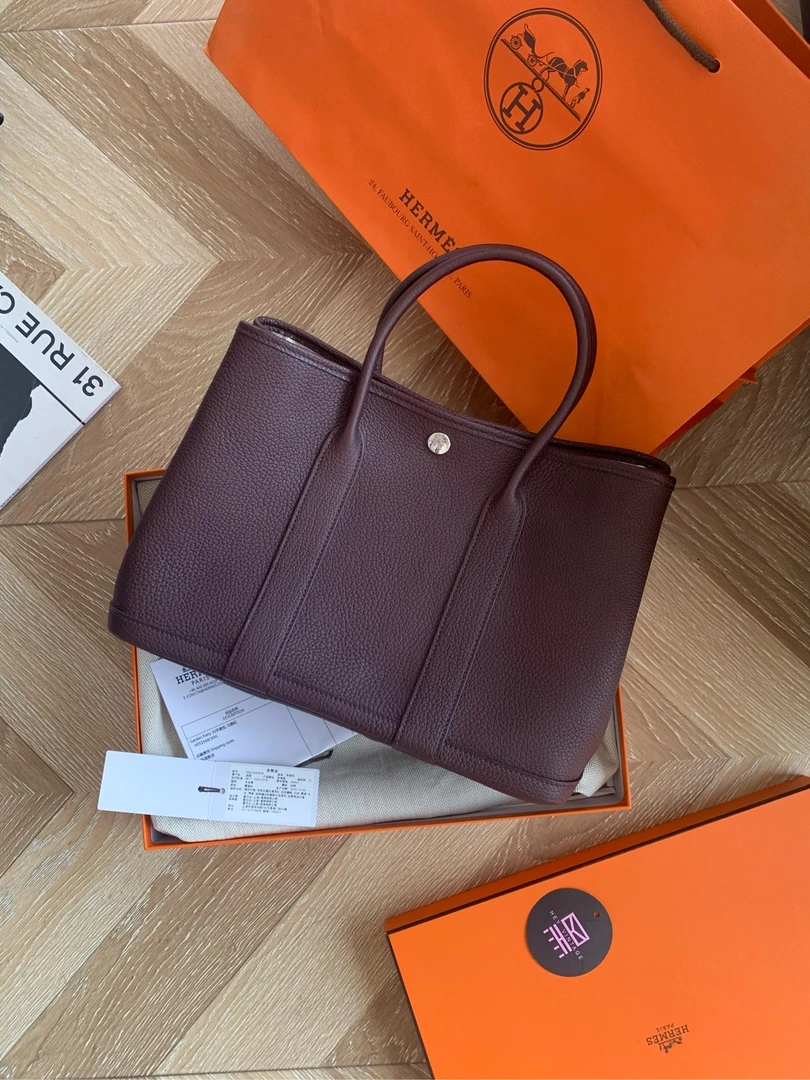 95新 Hermes/爱马仕 乌木色花园包30 银扣 Z刻 12841702