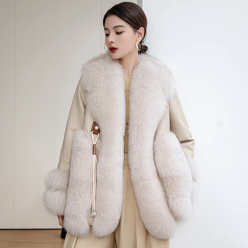 2025新款狐狸毛绵羊皮皮草毛毛外套女皮毛一体大衣中长款鸭绒
