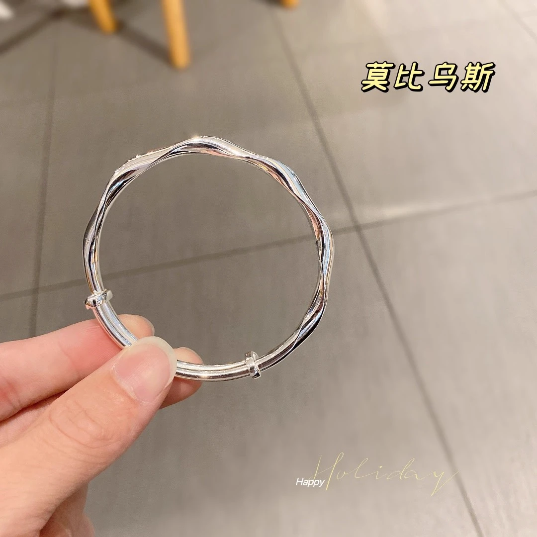 足银手镯 新款足银999莫比乌斯实心手镯光面波浪简约节日礼物
