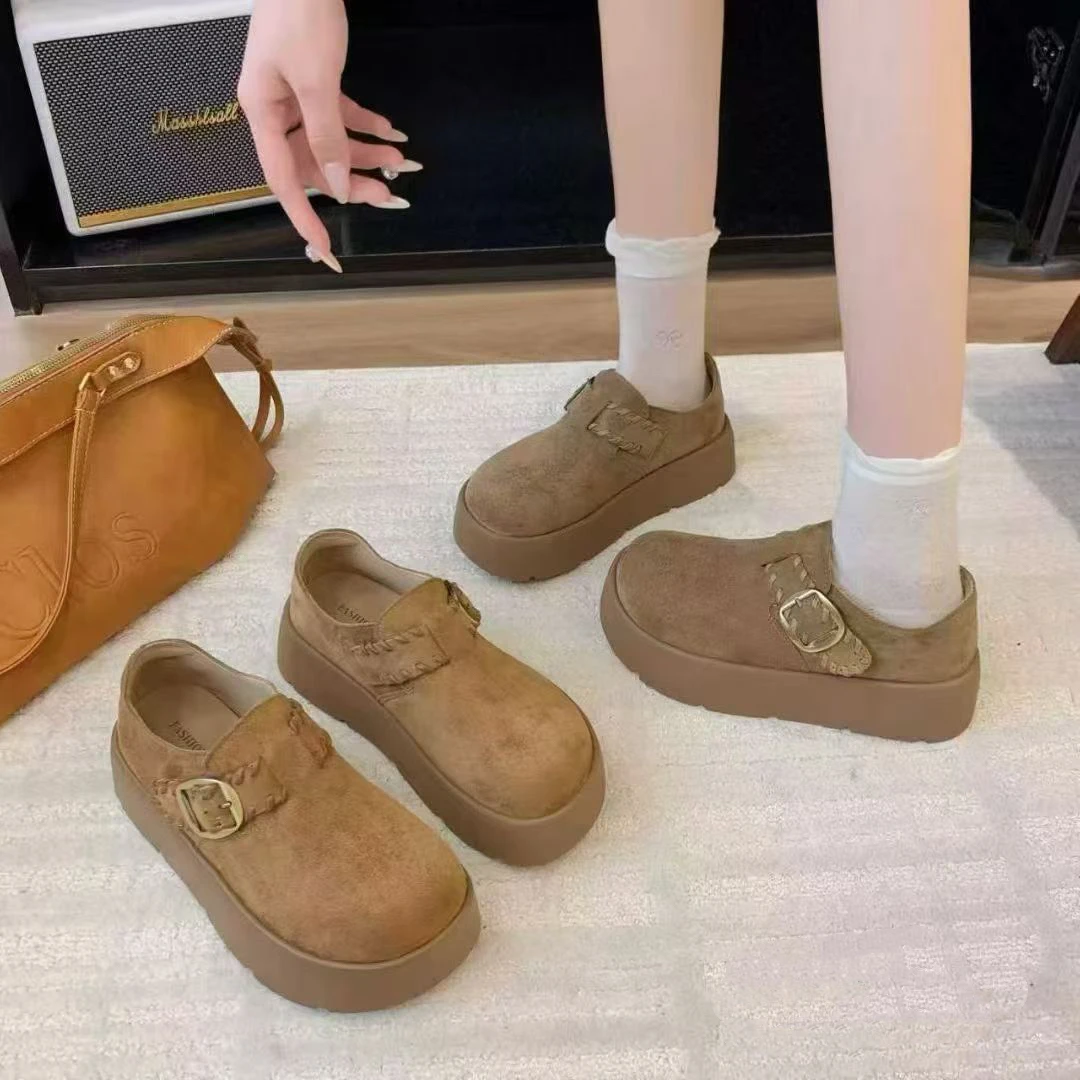 巨软巨舒服4公分厚复古绒面麦穗内增高博肯半托