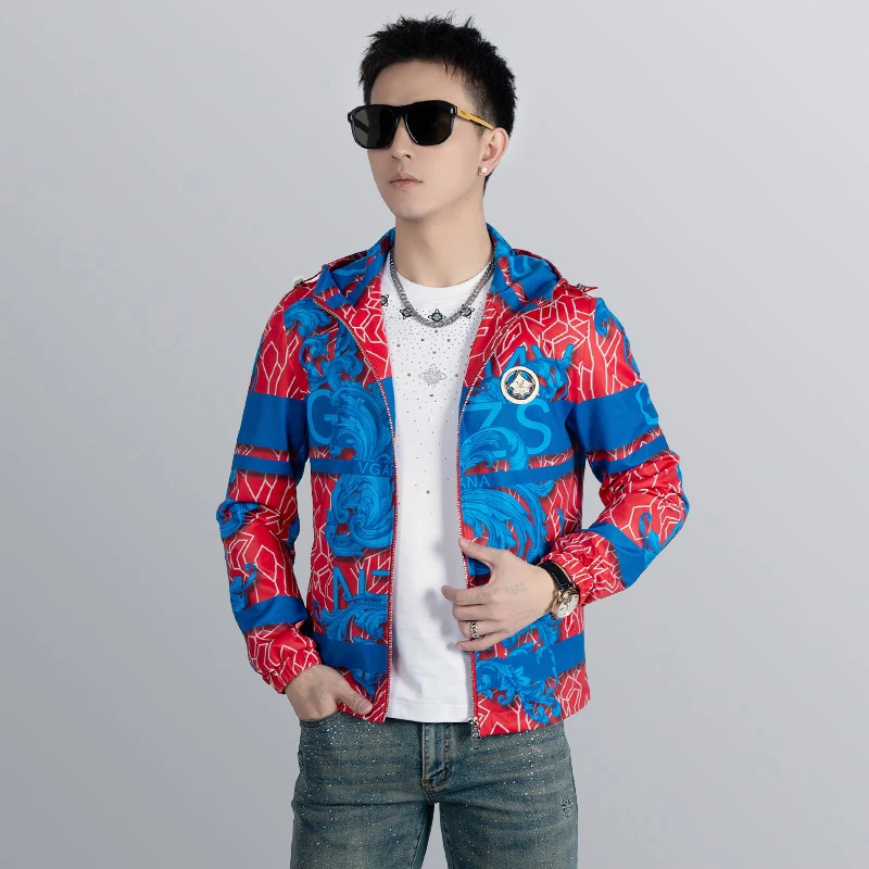 【莫斯吉尔】春季潮流个性数码印花夹克时尚休闲百搭帅气连帽外套