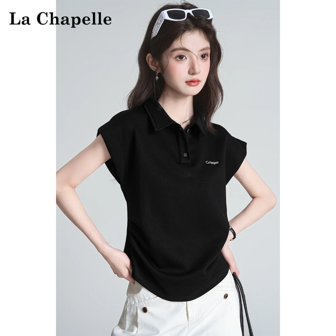 拉夏贝尔韩系刺绣polo领短袖T恤女2025夏季新款纽扣正肩上衣潮