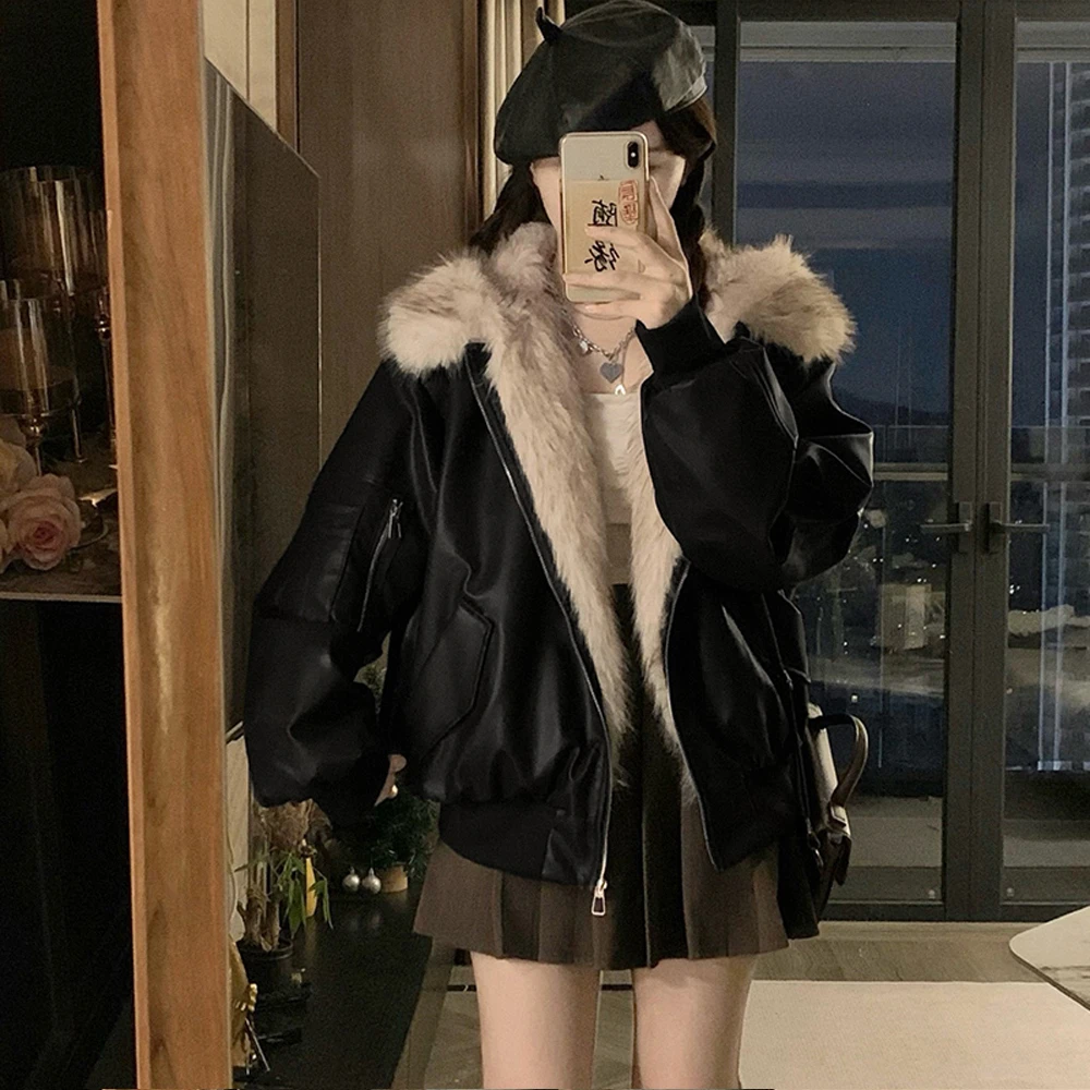 座山雕毛茸茸毛领棉服外套女加绒加厚夹克美式冬季保暖皮衣外套