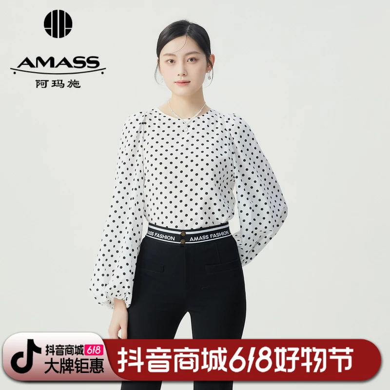 阿玛施amass衬衣减龄波点休闲圆领泡泡袖长袖通勤衬衫上衣5301128