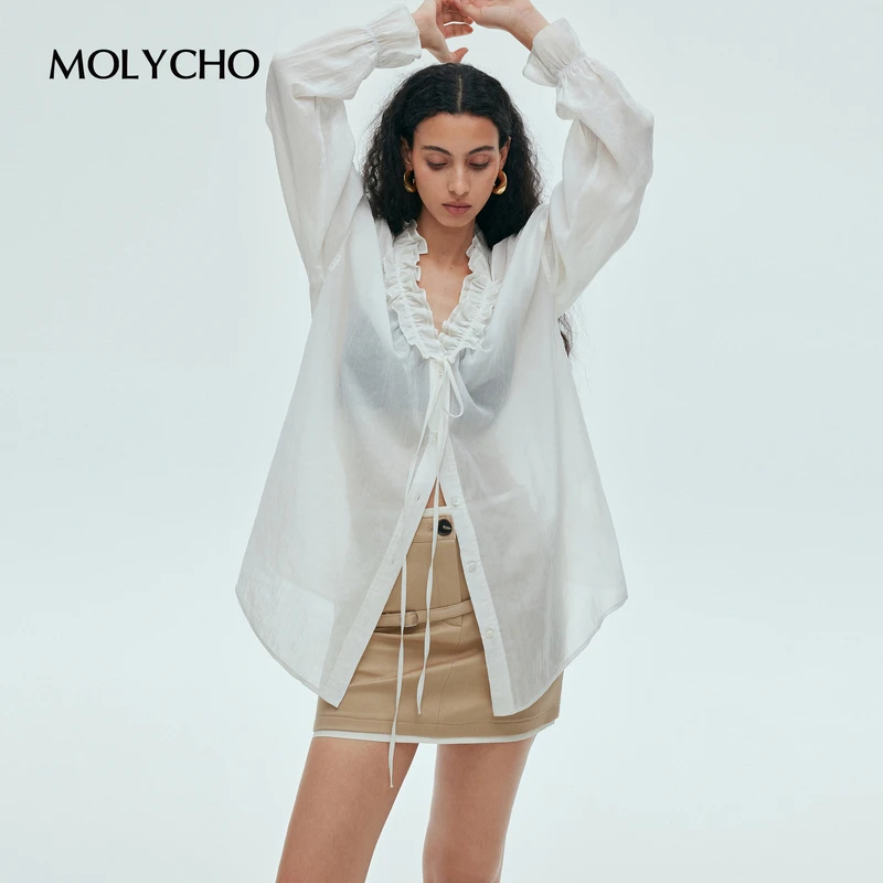 MOLYCHO｜朦胧感_法式慵懒荷叶边薄款衬衫女_松弛微透防晒衬衣