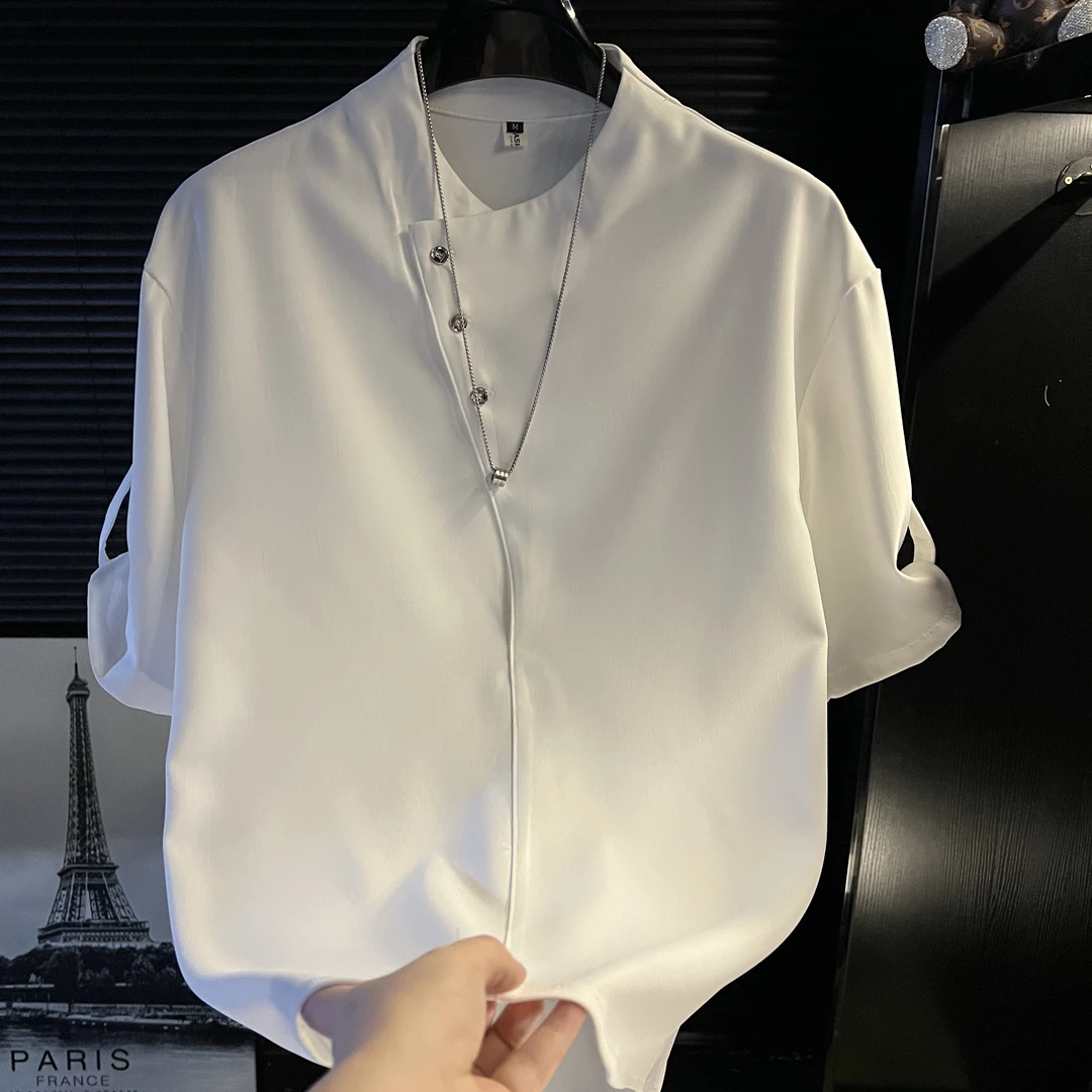 CQ-不规则垂感短袖衬衫男潮牌痞帅小众设计感夏季侧扣五分袖衬衣