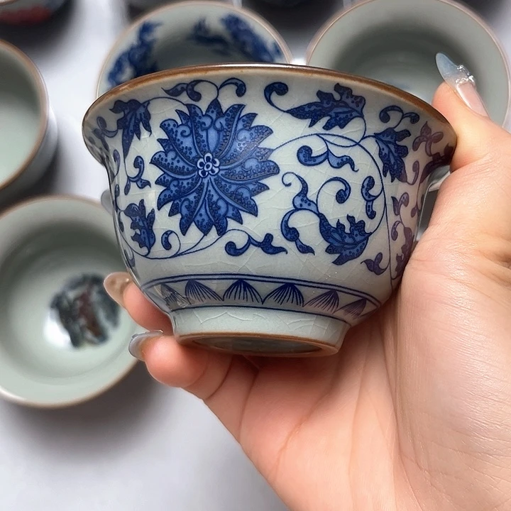 潘***哥青花缠枝莲压手杯6个
