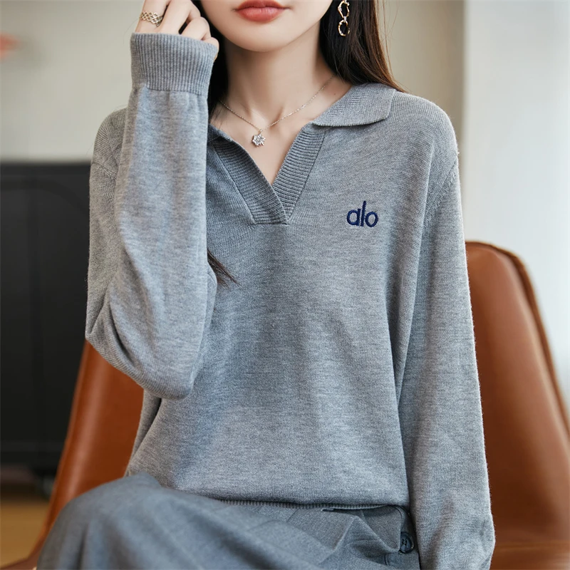 高级感精纺羊毛剪刀翻领长袖针织打底衫宽松百搭洋气外穿秋冬毛衣