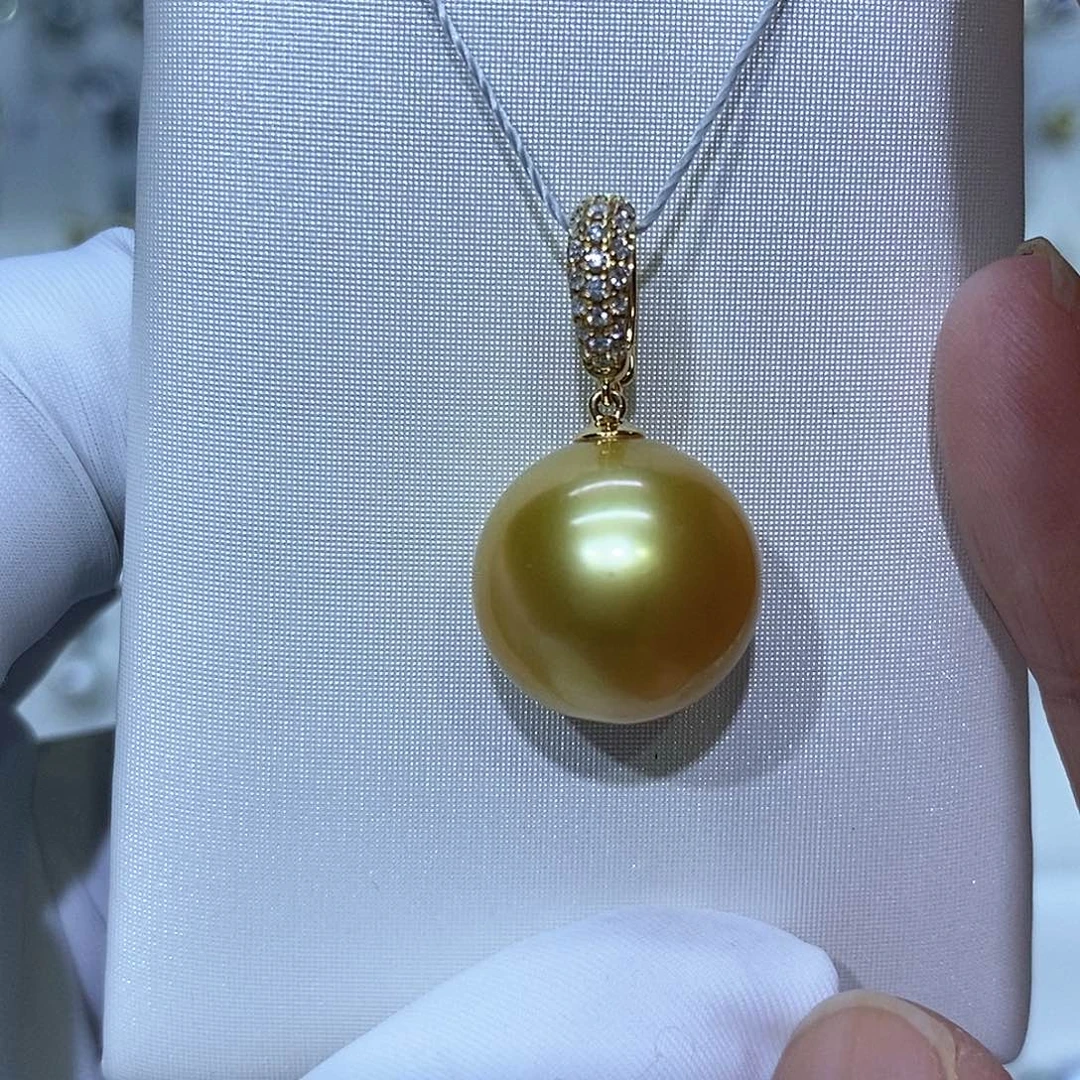 海水珍珠吊坠(不含链)18K金镶嵌金珠14-15mm