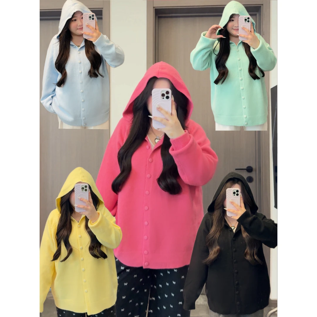 2025新款慵懒风宽松胖MM连帽开衫女洋气大码百搭毛衣18-881