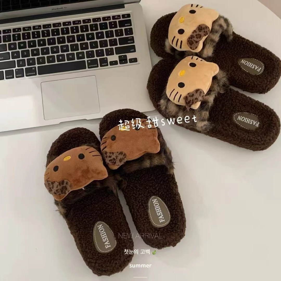 Li&Li《 源俪佳 》可爱卡通豹纹毛毛女拖鞋秋冬款