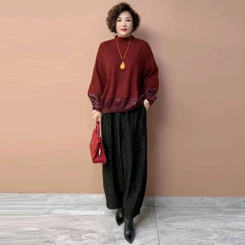 2356秋冬新款大码女装半高领打底衫胖MM人丝提花t恤上衣时尚套装