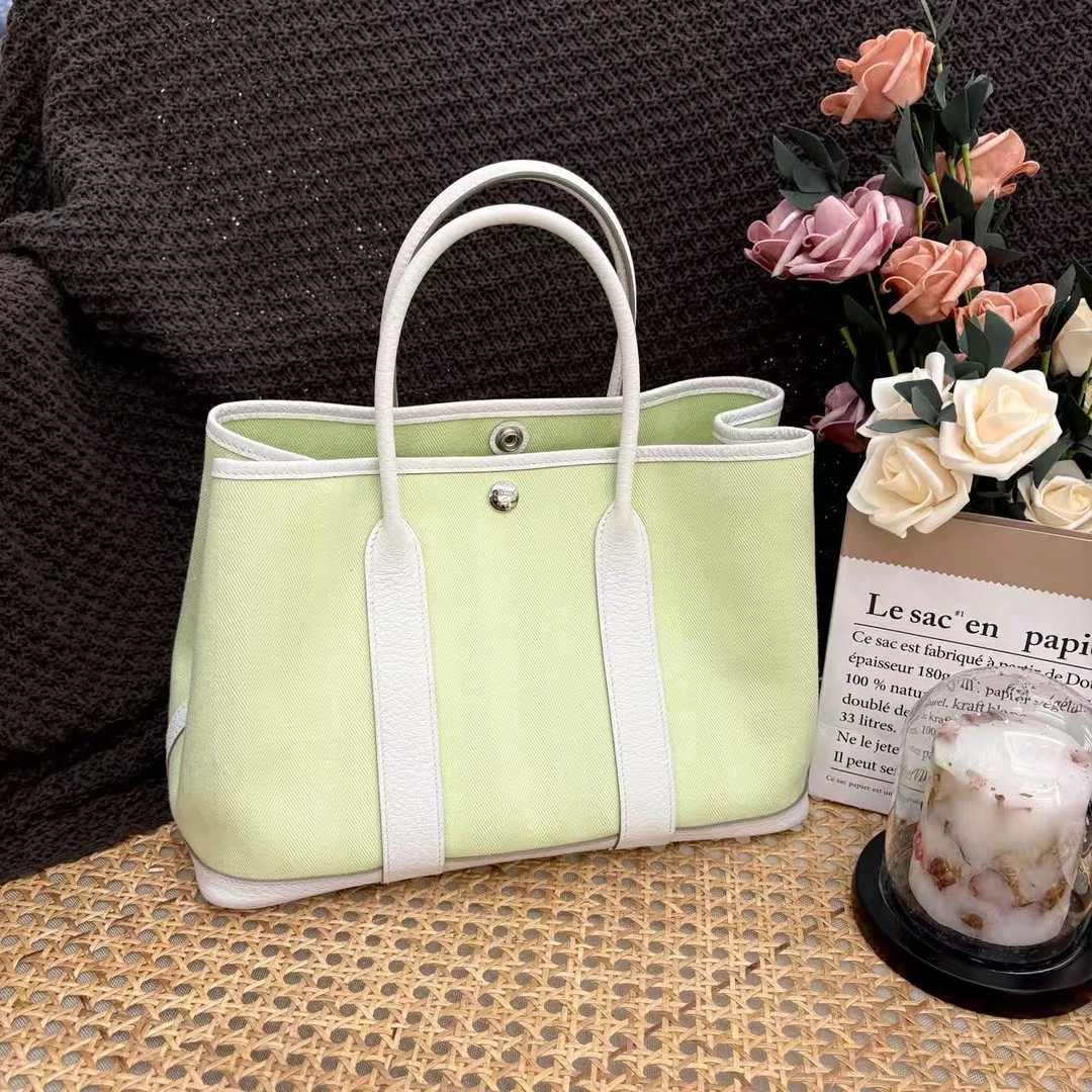 99新 Hermes/爱马仕 garden party 30 Y 帆布 嫩芽绿纯白qg0919a4