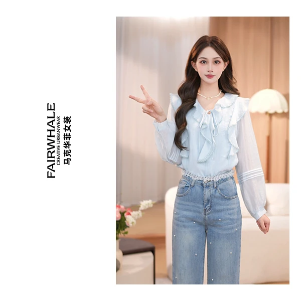 【新款上新】马克华菲女装欧若风法式气质时尚长袖上衣0812-02 qq