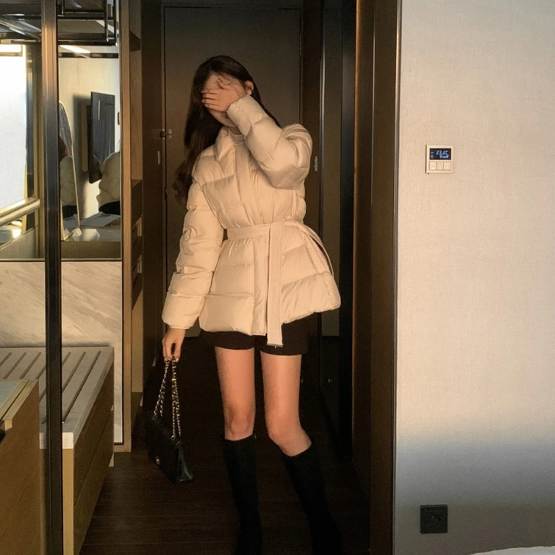 2025冬季新款翻领收腰POLO领收腰中长款加厚90白鸭绒羽绒服女