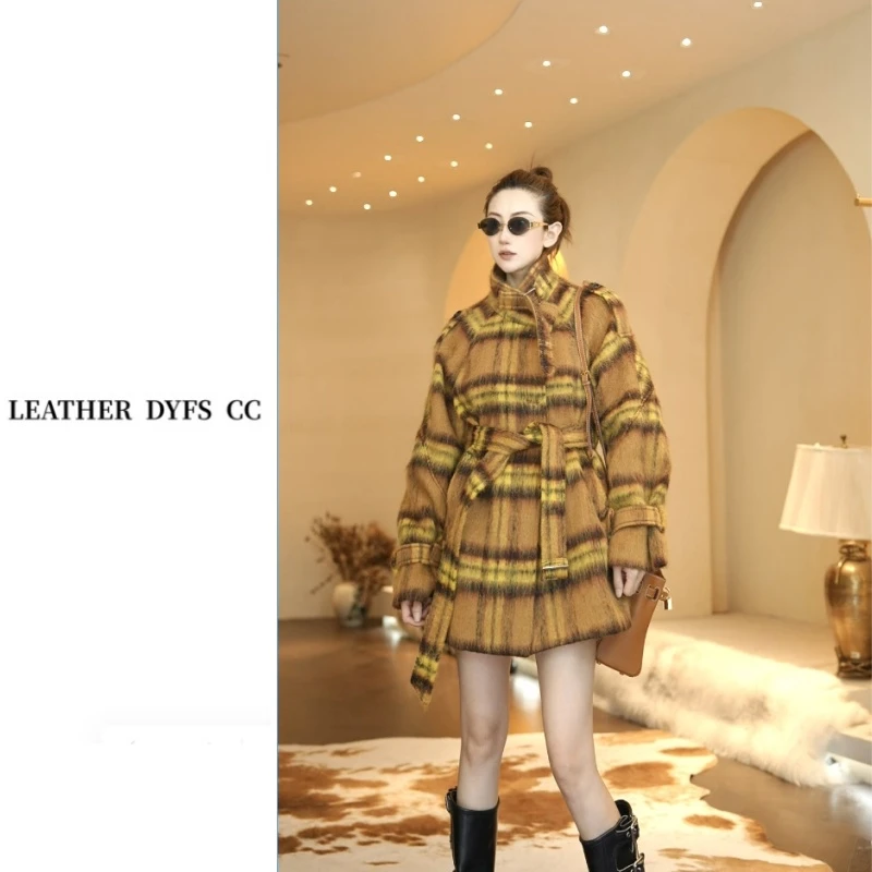 Leather Dyfs cc”秋枫琥珀“51206中长款粗纺黄格羊毛大衣
