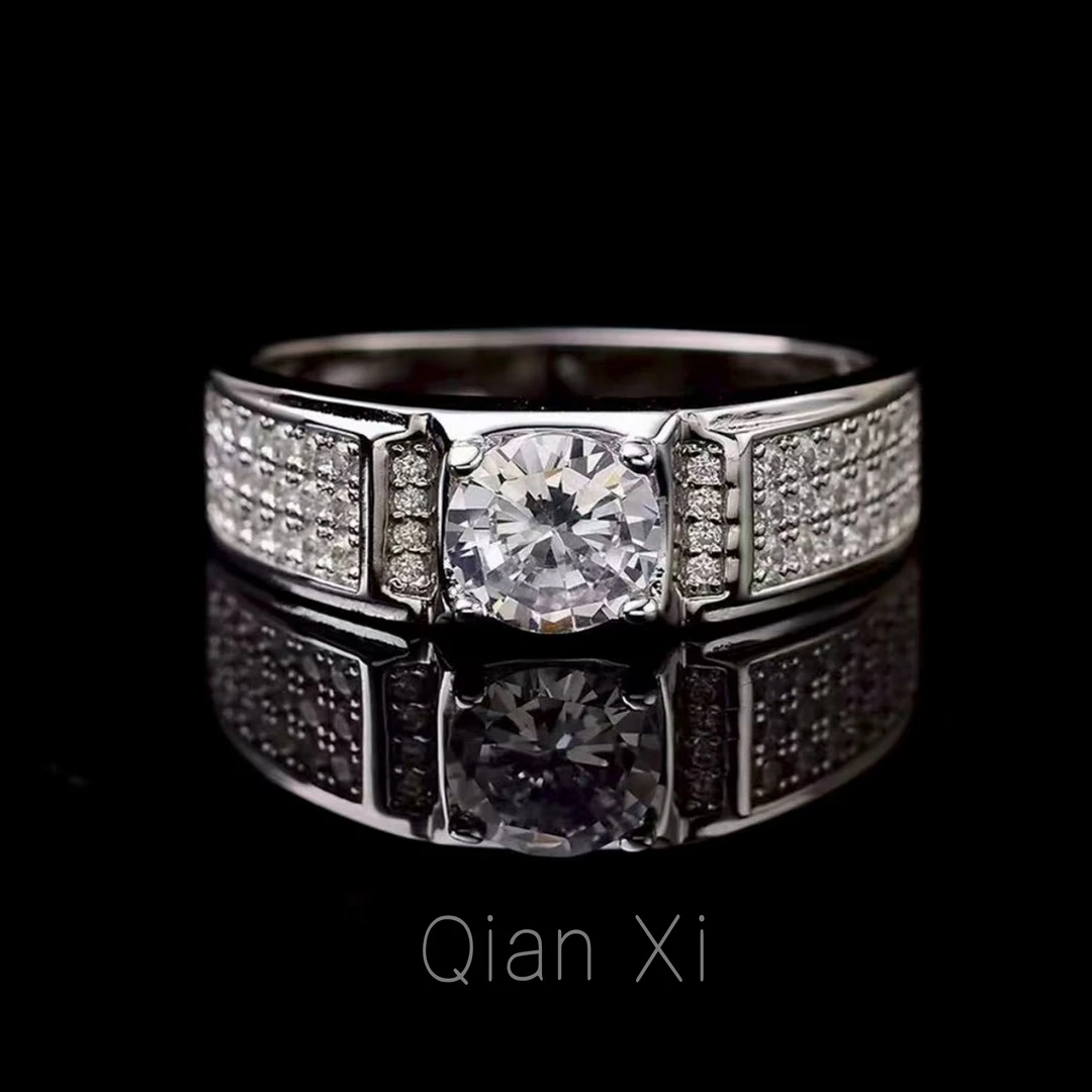 925银莫桑石戒指 925银莫桑石戒-满天星窄男戒1-2克拉-合成碳硅石