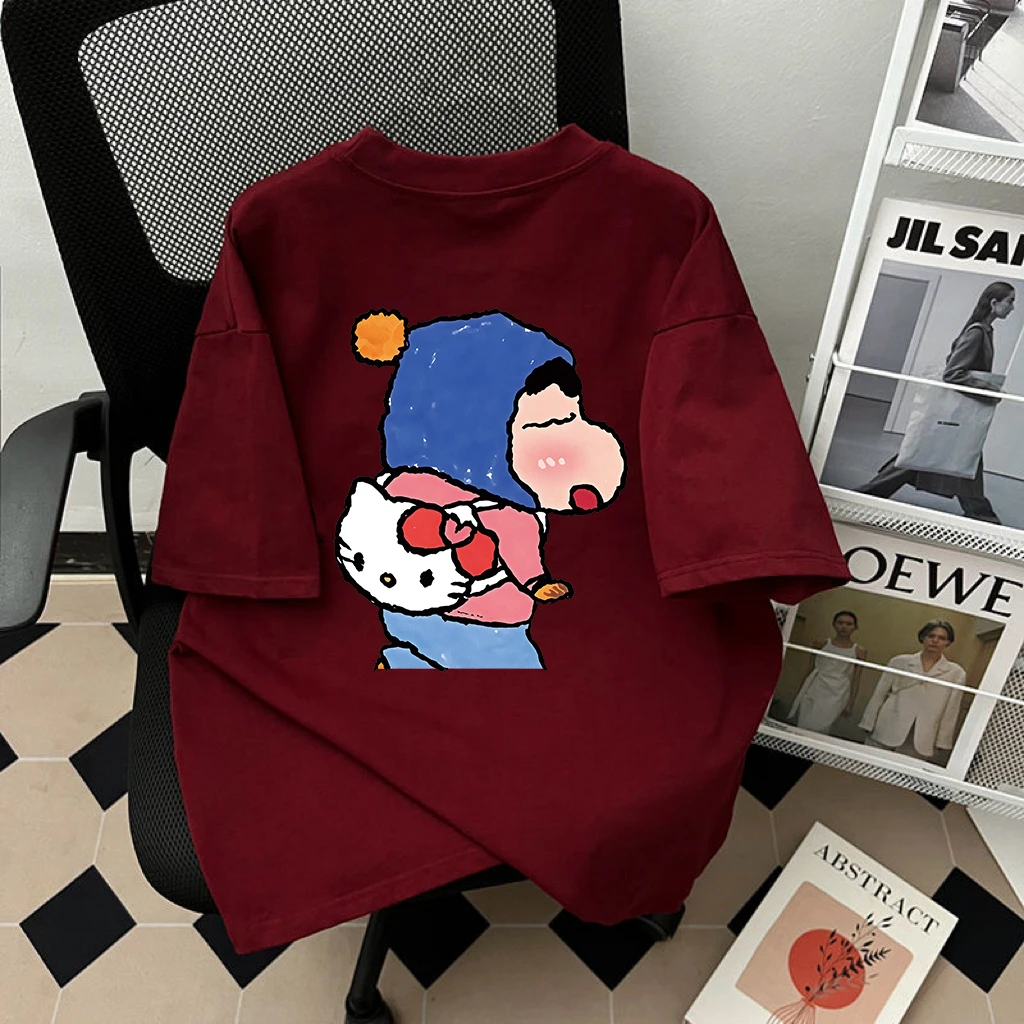 100%重磅潮牌美式背包小新印花新品宽松T恤圆领慵懒风情侣上衣is