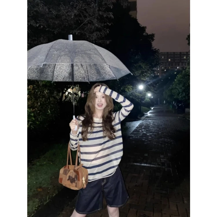 纯欲风半透视长袖条纹罩衫女2025新款薄款夏季宽松慵懒防晒衫上衣