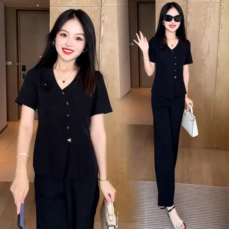 大码新中式国风两件套2025胖mm显瘦洋气时尚夏季减龄气质短袖套装