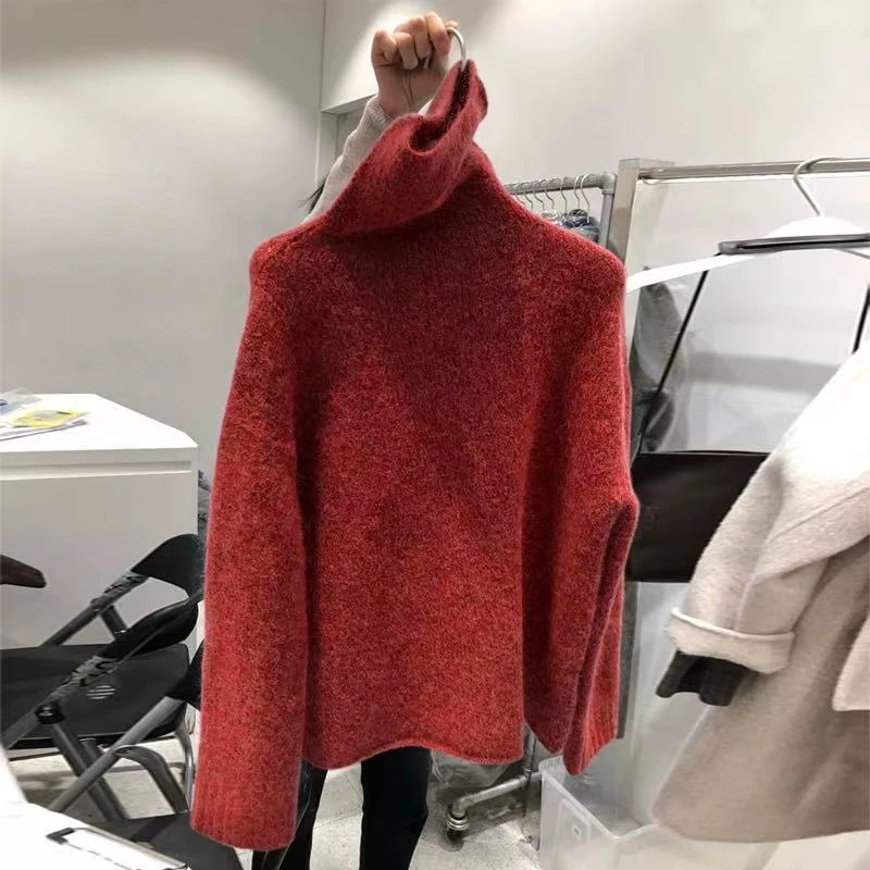 慵懒风设计高领红色秋冬针织雪花毛衣-苋 17133-