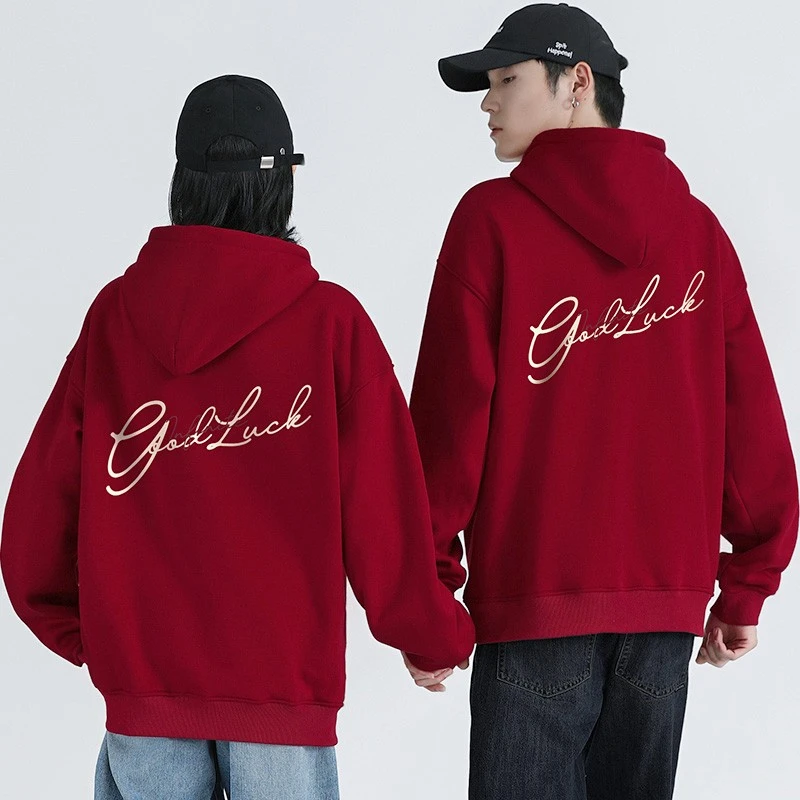 仓石一树潮牌红色卫衣男士春秋冬款2025新款情侣装加绒连帽外套