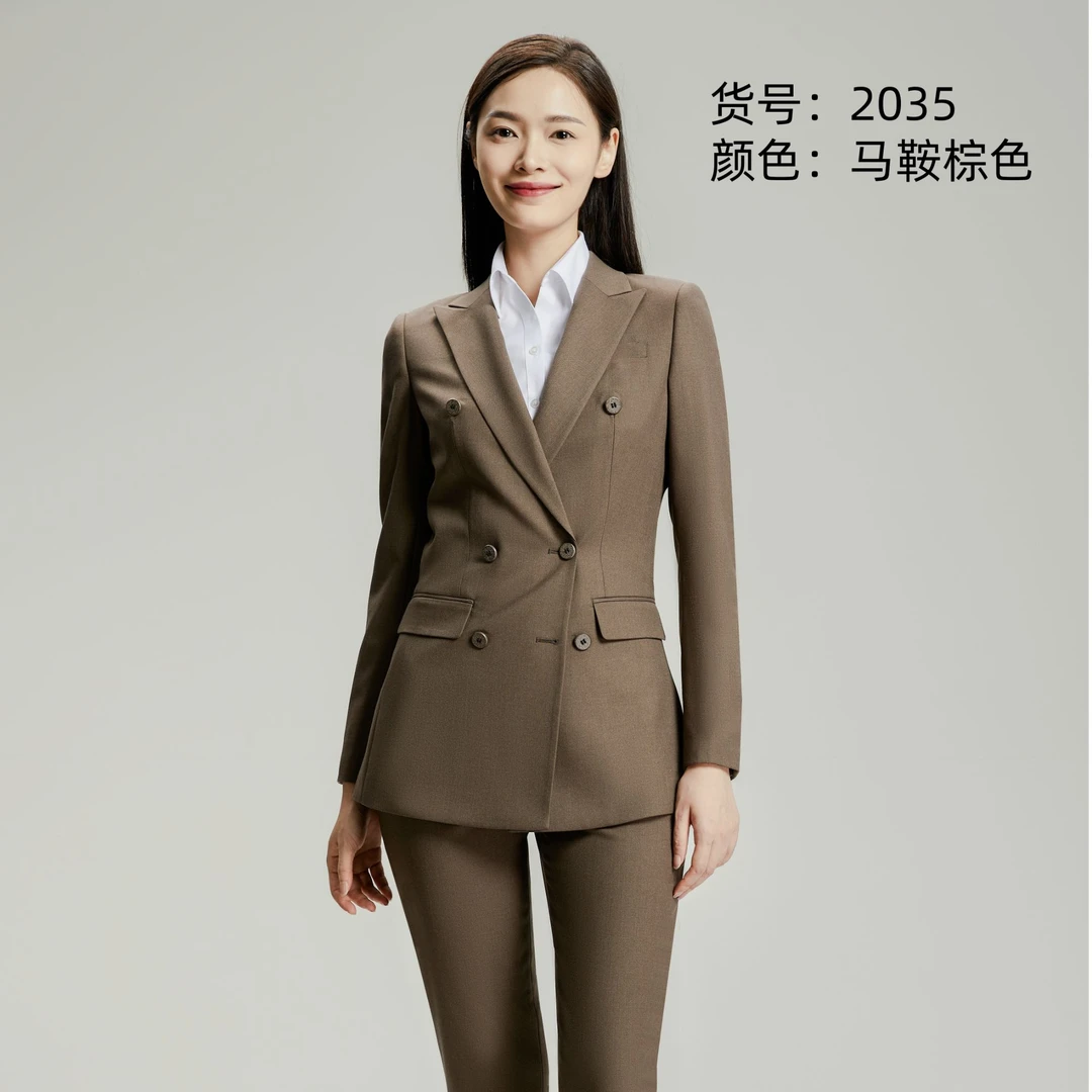 A2035马鞍棕色双排西服套装春秋气质通勤商务时尚上班