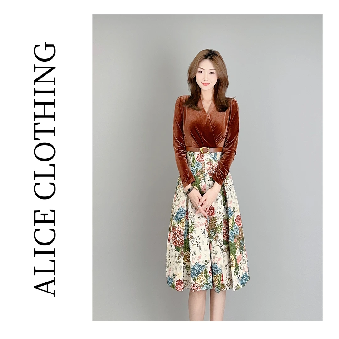 5【ALICE “艺术花园”气质连衣裙】丝绒拼接 皮质腰带 S1032611Q