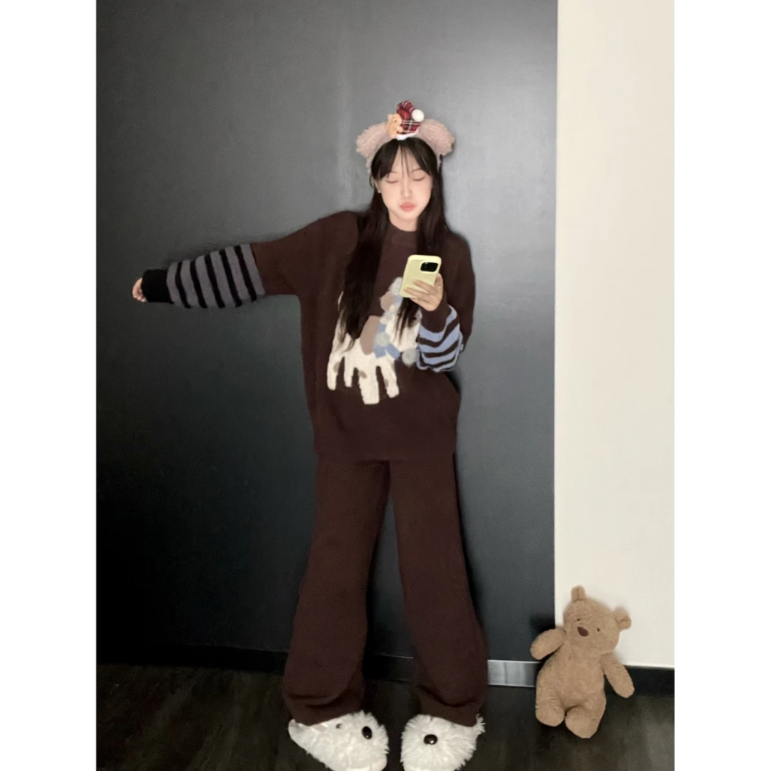 甜美简约卡通撞色条纹睡衣女秋冬季新款半边绒加绒加厚家居服套装
