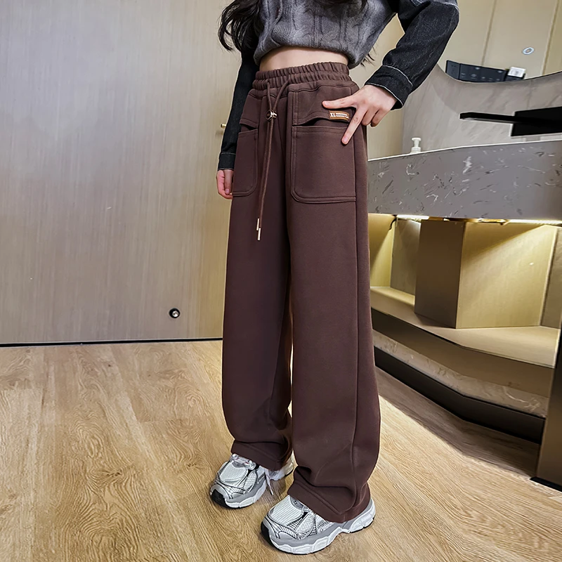 儿童秋装2025新款大女童装咖色裤子春秋款运动卫裤10秋季6-12岁15