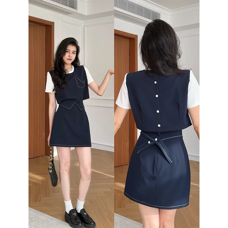 张阿星【睿智老钱】夏季通勤立体版型明线假两件藏青幢白T恤+裙裤