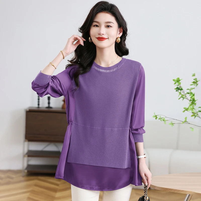 设计感假两件上衣女中长款遮屁股长袖针织衫春装薄款洋气好看小衫