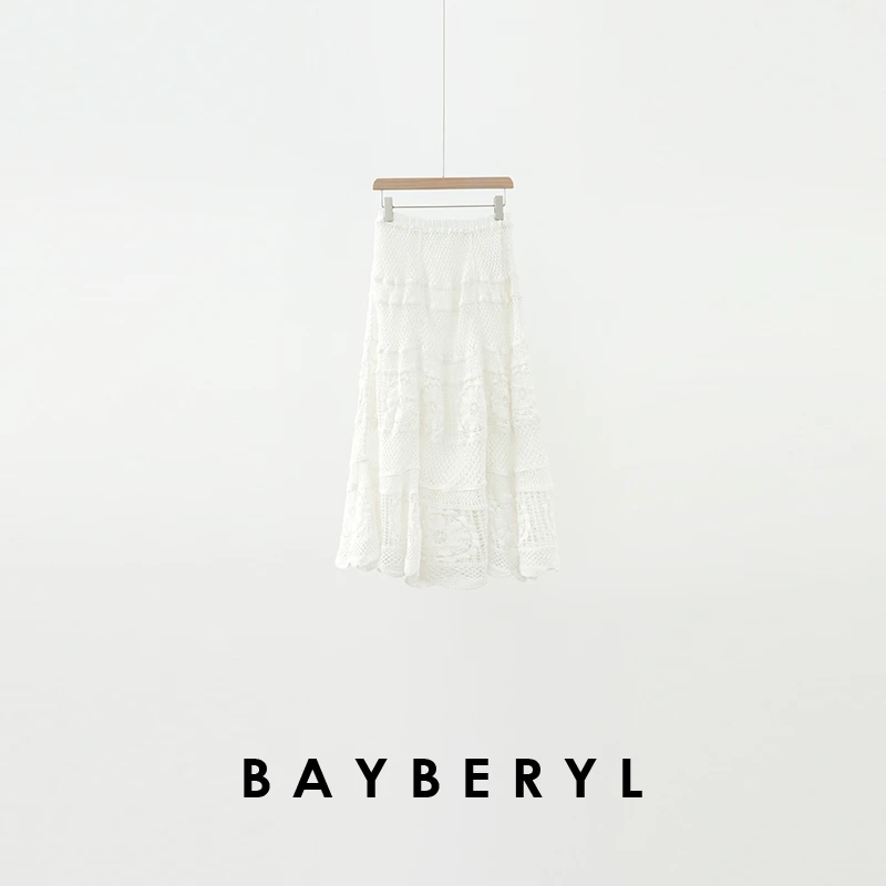 BAYBERYL老贝西西里*白裙度假松紧腰钩针25春半身裙YQ5A0502-2/2
