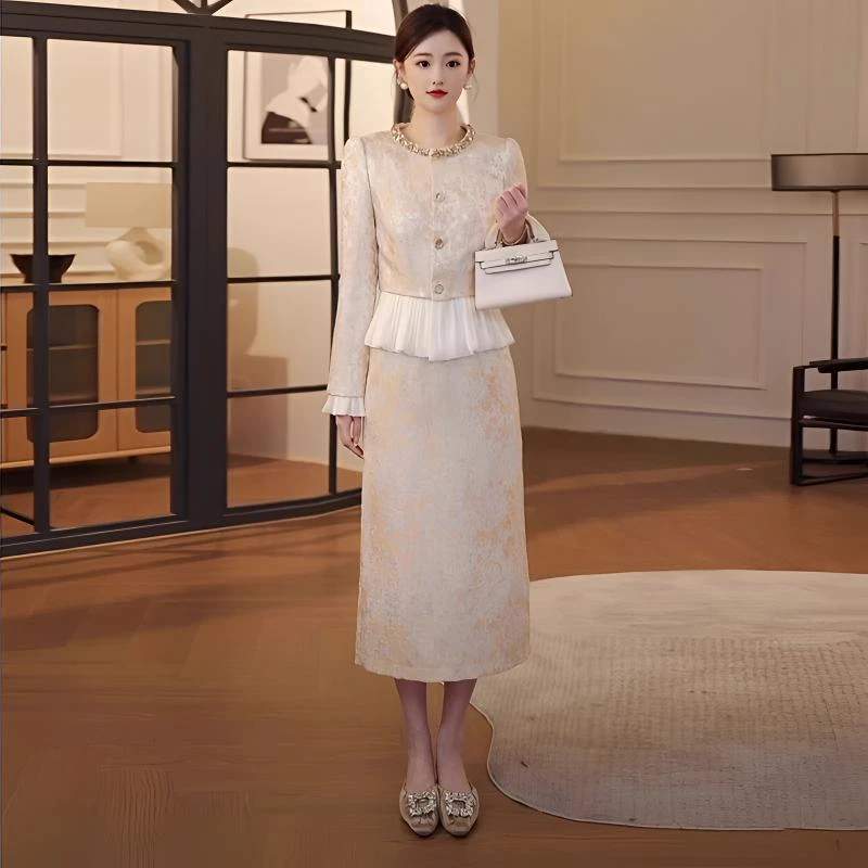 喜婆婆婚宴礼服两件套女2025新款时尚小香风秋冬套装敬酒服连衣裙
