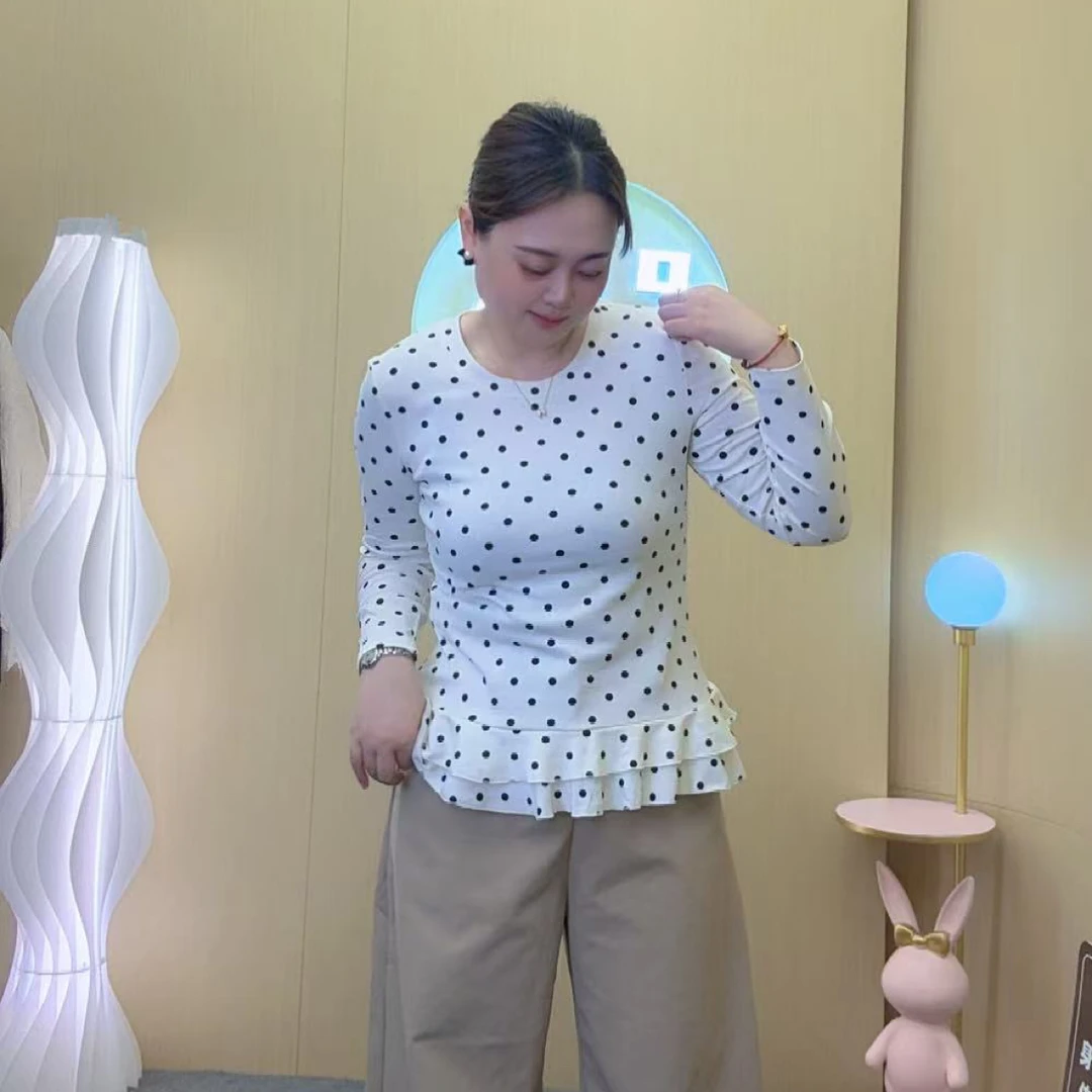 圆领复古港风波点长袖T恤木耳花边洋气显瘦打底衫秋季大码女装