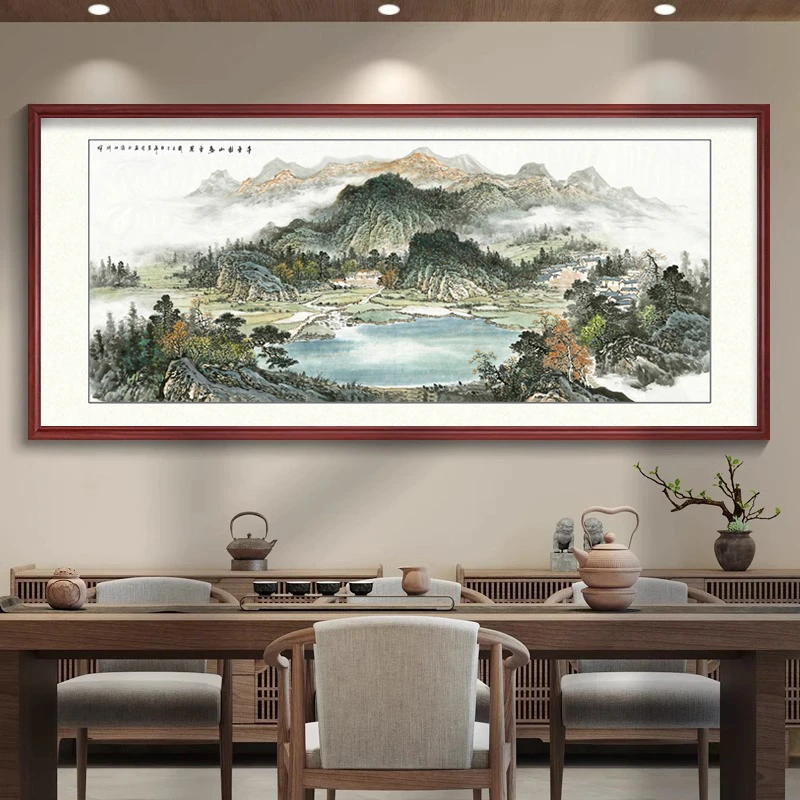 高山流水生财山水风景字画聚宝盆老板办公室装饰墙挂画客厅靠山图