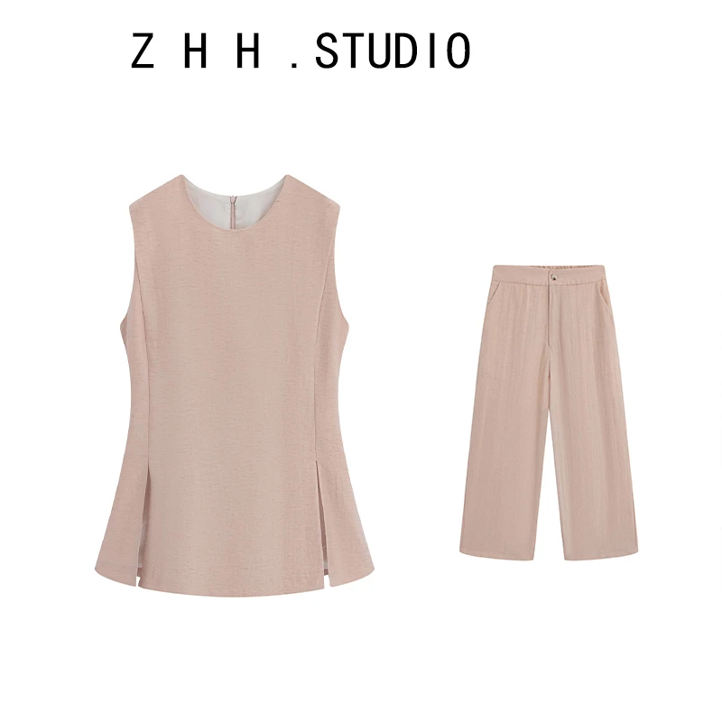 【赵哼哼】亚麻+人棉套装女2025夏新款韩版显瘦马甲+九分裤两件套