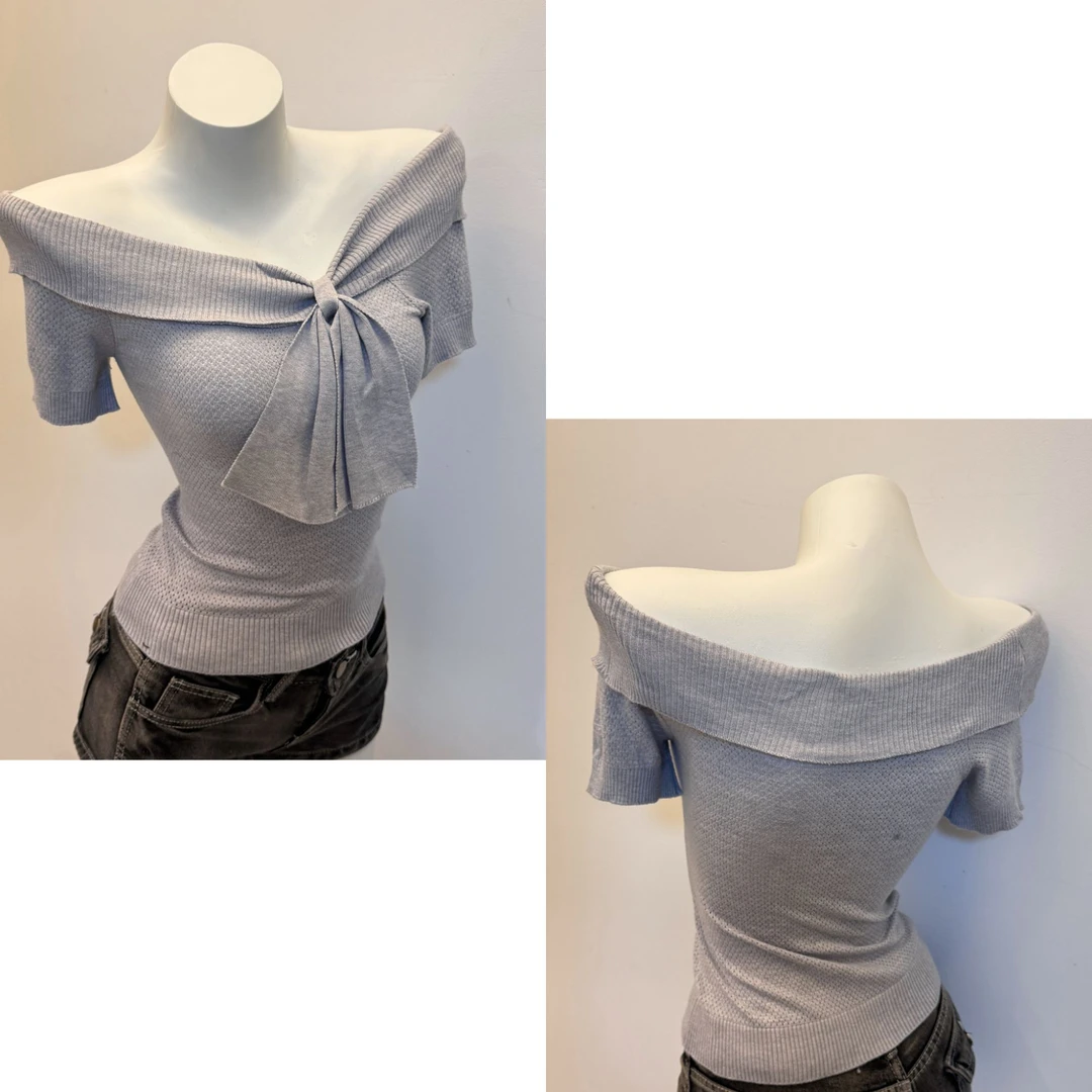 （浠儿姐姐）蝴蝶结一字肩短袖镂空针织衫女夏薄款法式温柔露肩上衣